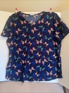 Scrubstar Navy Butterfly Print Women’s Medical Uniform Scrub Top